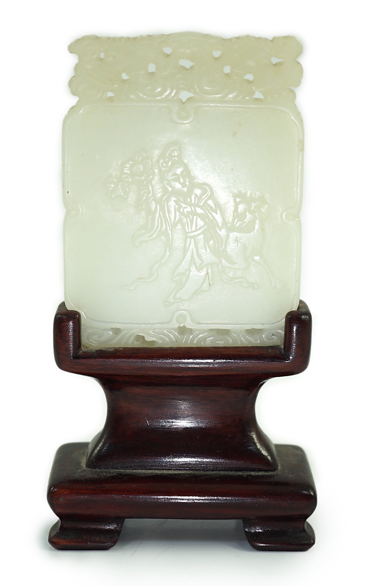 A Chinese carved white jade pendant plaque, 18th/19th century